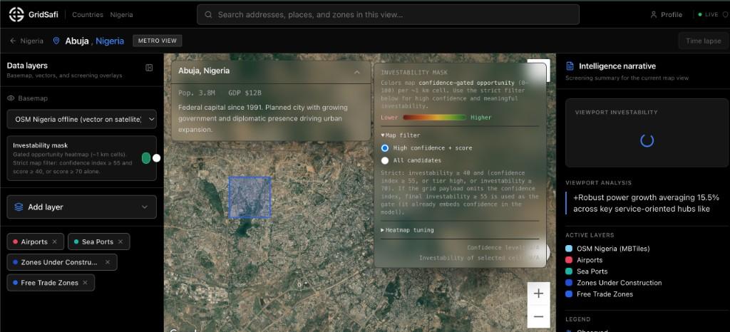 GridSafi dashboard showing Abuja metro map with intelligence panels